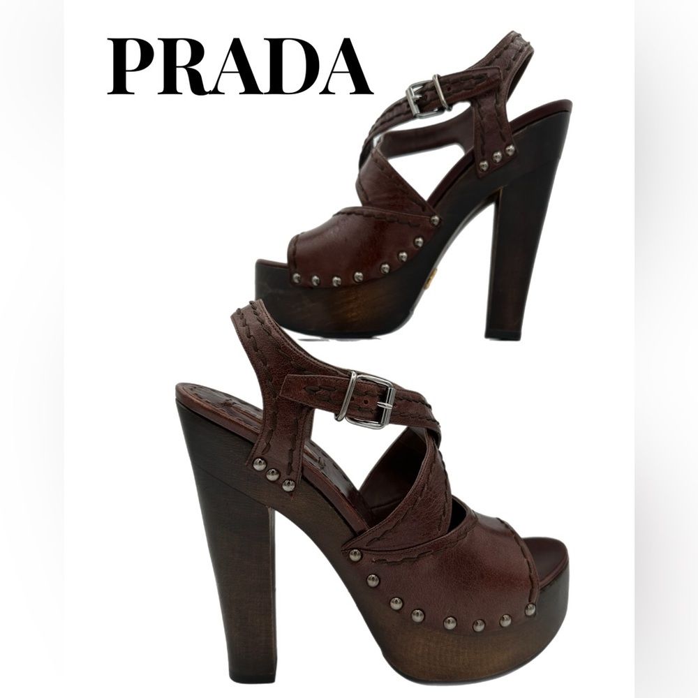 PRADA- Distressed Leather Platform Sandal